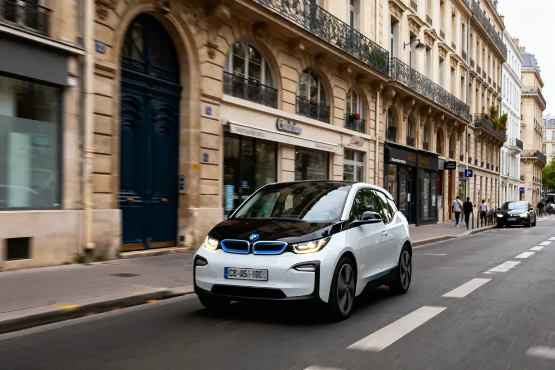 Voiture électrique BMW i3 blanche sur rue parisienne, immeubles Haussmanniens en arrière-plan.